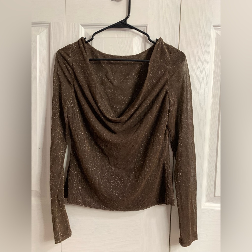 CARLISLE. Size 10. Sheer cowl neck long sleeve metallic brown blouse